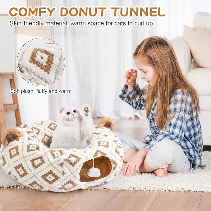 Cat Tunnel Bed for Indoor Cats, Cat Donut Tunnel with Washable Cushion, Peekaboo Cat Cave Toy, Multifunctional Playground Toys for Kittens, Rabbit, Brown Jacquard Pattern