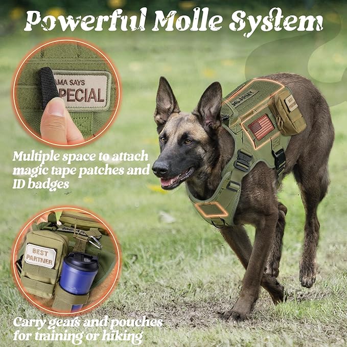 rabbitgoo Tactical Dog Harness for Large, Heavy Duty Pet Harness with Handle, No-Pull Service Vest Large Breed, Adjustable Military Dog Vest for Training Hunting Walking, Green, XL