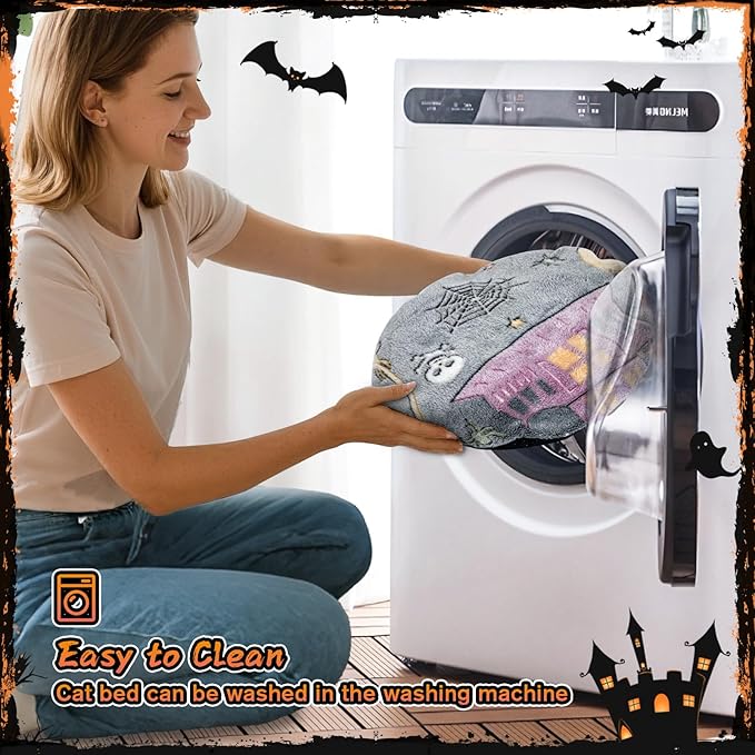 Tidjani Halloween Cat Tunnel Bed, Cat Tunnels for Indoor Cats with Bat Wings, Foldable Pet Donut Bed with Middle Mat and Dangling Balls, Pet Play Toy with Ghost, Spider Web Pattern Decorations