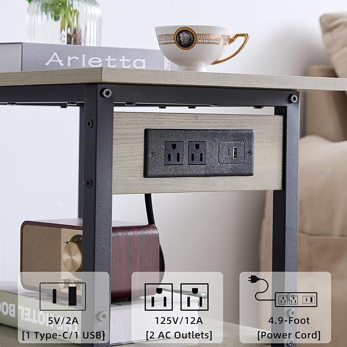 Lerliuo 3-Tier Printer Stand with Charging Station, Industrial Mobile Printer Table with Storage Shelf and Steel Frame, Rolling Printer Cart Holder with Lockable Wheels for Home, Office (Oak)