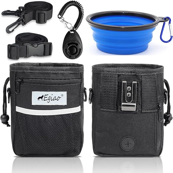 Dog Treat Pouch with Drawstring Closure, Puppy Training Bag, Built-in Pet Poop Bag Dispenser, Waist Belt Clip, 3 Ways to Wear