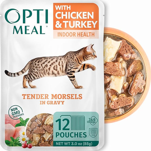 Optimeal Grain-Free Wet Cat Food Pouches – Chicken & Turkey in Savory Gravy, High Protein & Moisture-Rich Tender Morsels, Indoor Adult Cat Wet Food with Natural European Ingredients, 3 oz (Pack of 12)