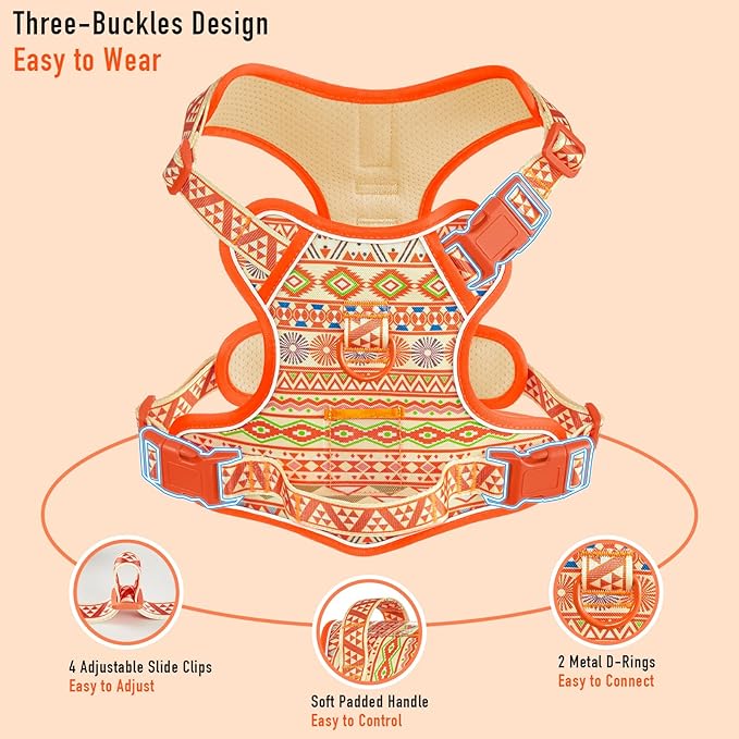 No Pull Dog Harness for Large Dogs with 2 Metal Clips, Easy On/Off with Neck Buckle, Heavy Duty Adjustable Puppy Vest, Breathable Pet Harness with Easy Control Handle, Orange Ethnic L