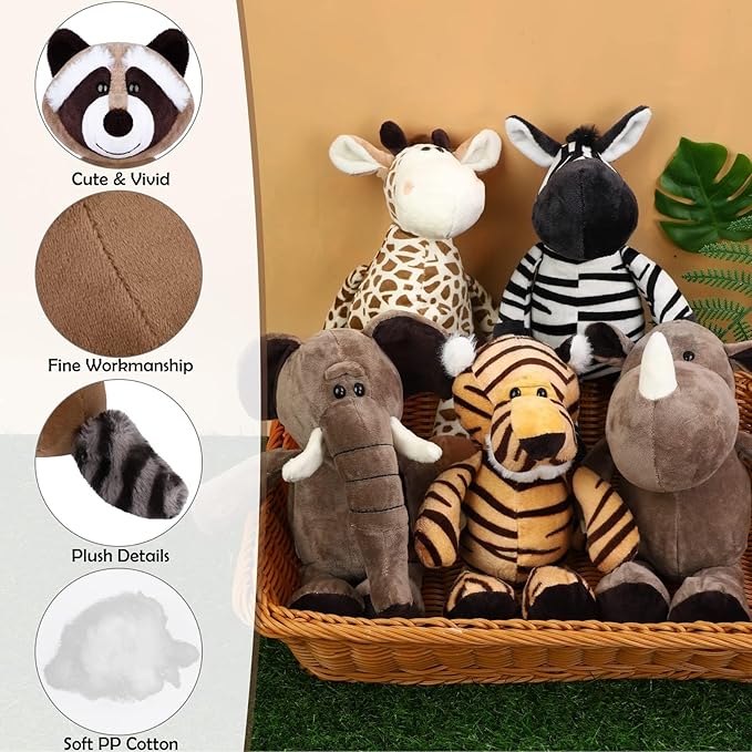 Elcoho 8 Pieces Safari Stuffed Animals Plush Jungle Animal Toys 9.8 Inch Zoo Stuffed Animals Set Cute Plush Toys for Animal Themed Parties Teacher Student Award