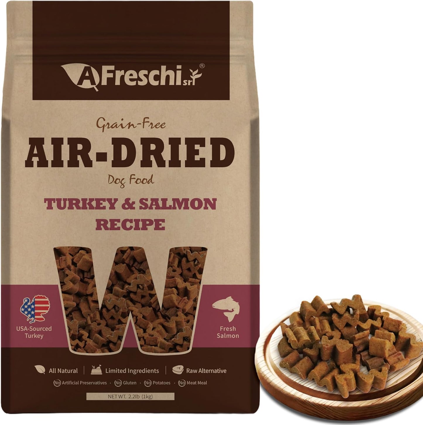 Afreschi Air-Dried Dog Food Turkey & Salmon Recipe 2.2 lb, All-Natural, Complete & Balanced, Grain-Free, High-Protein, Limited Ingredients