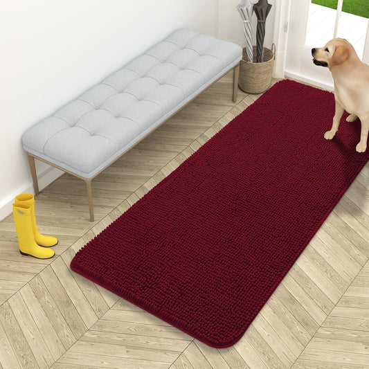 OLANLY Dog Door Mat for Muddy Paws 54x24, Absorbs Moisture and Dirt, Absorbent Non-Slip Washable Doormat, Quick Dry Chenille Mud Mat for Dogs, Entry Indoor Entryway Carpet for Inside Floor, Burgundy