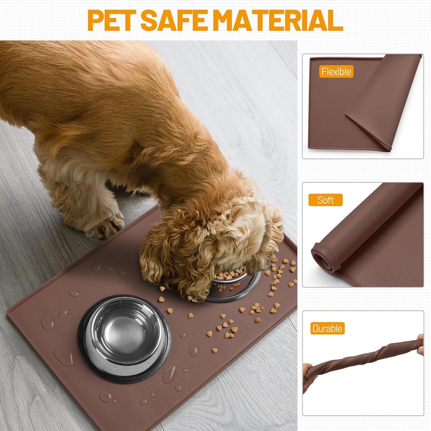 Hubulk Dog Feeding Mat,100% Waterproof Food Grade Silicone Pet Food and Water Bowl Placemat,Dishwasher, High Raised Edge to Prevent Spills,Nonslip Tray to Stop Messes on Floor（19"x12"x0.5", Brown）