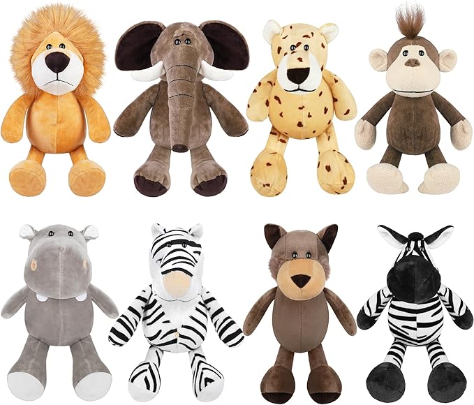 Elcoho 8 Pieces Safari Stuffed Animals Plush Jungle Animal Toys 9.8 Inch Zoo Stuffed Animals Set Cute Plush Toys for Animal Themed Parties Teacher Student Award, 8 Styles