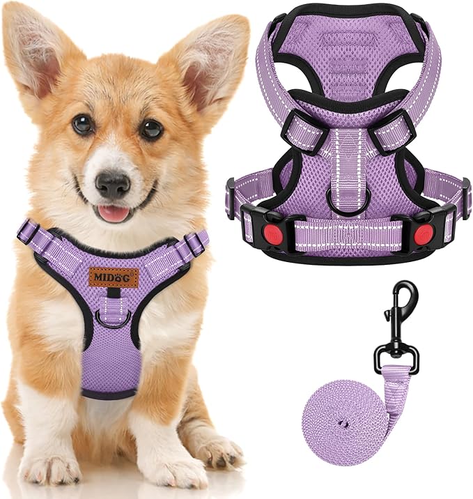 MIDOG No-Pull Dog Harness | Adjustable & Reflective Pet Harness Leash Set for Small Medium Large Dogs Walking, Training| No Choke, Front Clip, Soft Padded Vest with Easy Control Handle - Purple, S