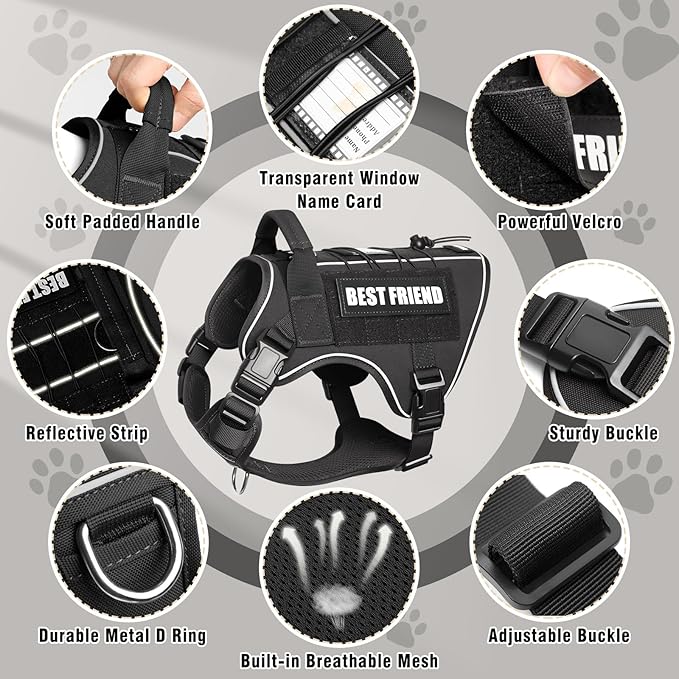 Tactical Dog Harness Medium Sized Dog,No Pull Military Dog Vest with Handle,Reflective Heavy Duty Pet Harness for Walking Hiking Training Black M