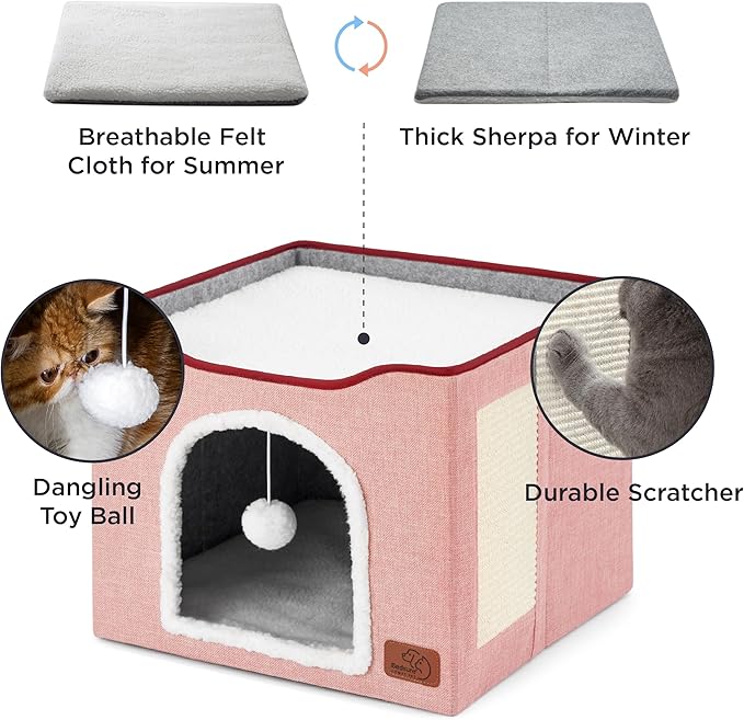 Bedsure Cat Beds for Indoor Cats - Large Cat Cave for Pet Cat House with Fluffy Ball Hanging and Scratch Pad, Foldable Cat Hideaway,16.5x16.5x13 inches, Pink