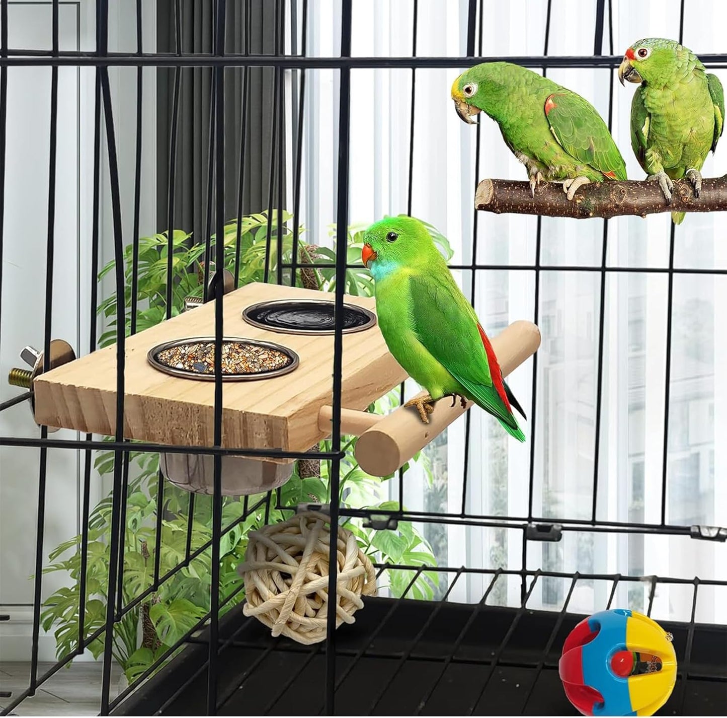 Tfwadmx Bird Feeding Dish Cups with Wooden Platform Hanging Stainless Steel Parrot Cage Feeder Bowl Wood Perch Stand for Parakeet Cockatiels Lovebirds Budgie (Small)