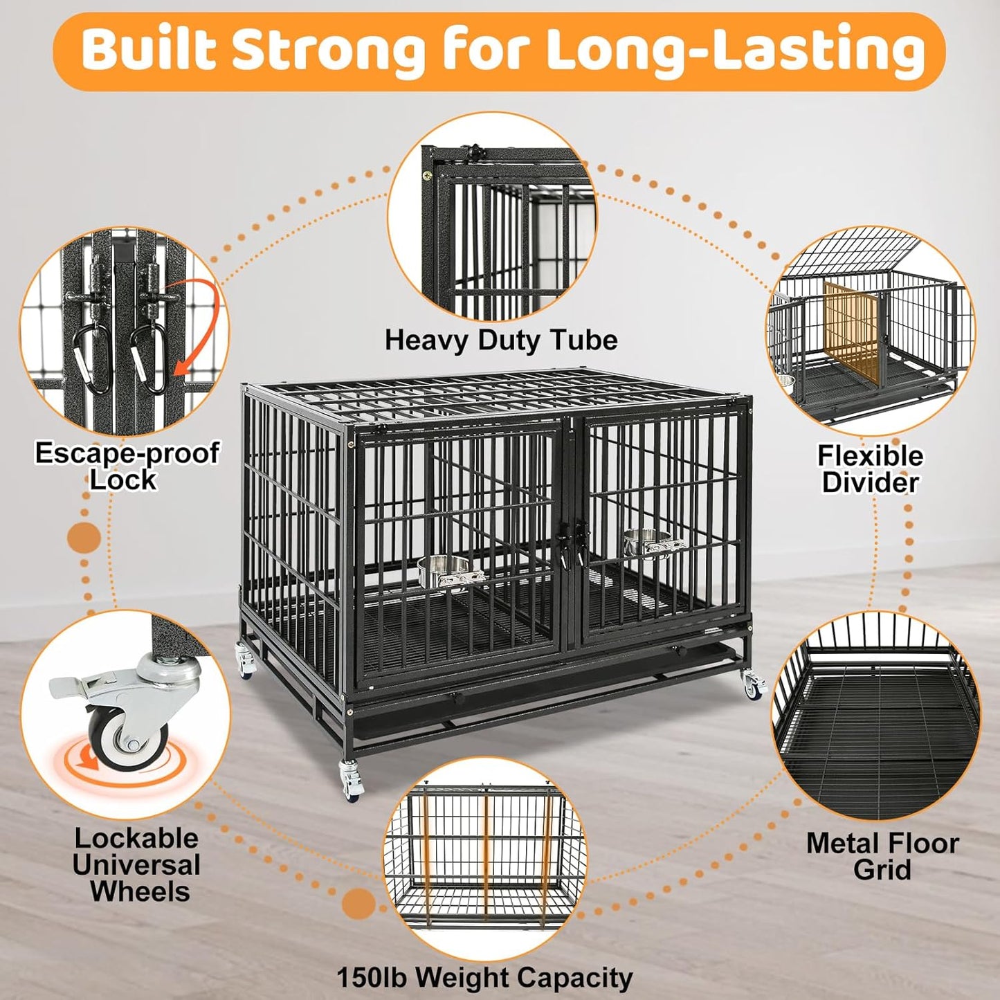 Homey Pet 43 Inch Heavy Duty Dog Crate Cage Kennel for Medium Dogs with Three Door, Divider, Removable Grid & Tray, 4 x Lockable Wheels, 2 x Bowls, Stackable Drop Cages for Breeders, Groomers