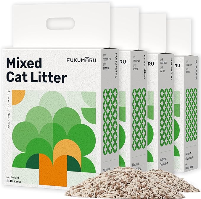 FUKUMARU Tofu Cat Litter, 32 LBS Clumping Cat Litter, Dust Free, Natural, Unscented, Flushable, Lightweight, Low Tracking, Mixed Apple Wood, 24/7 Odor Control, 8 lb x 4 Bags