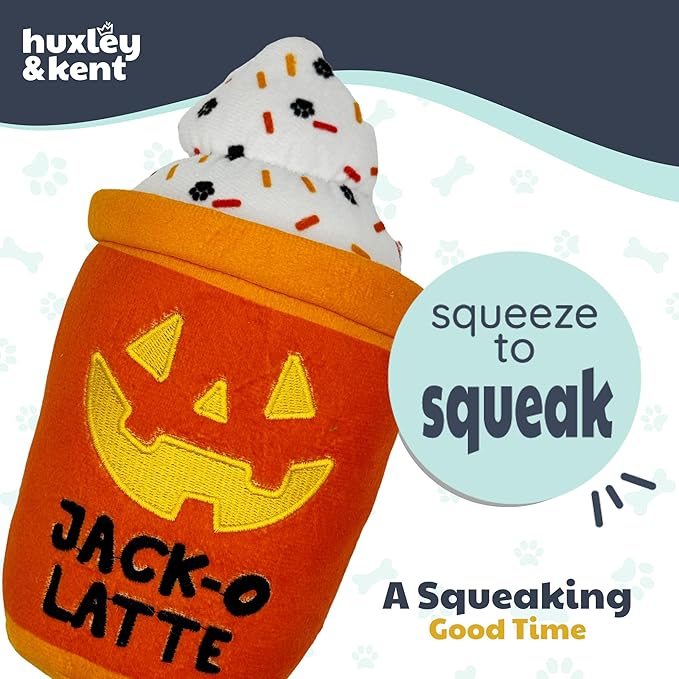 Huxley & Kent Halloween Funny Dog Toy w/Squeaker – Power Plush Squeaky Dog Toys for Small, Medium & Large Dogs – Soft Stuffed Animal for Indoor Play & Fetch - Jack-O-Latte, One Size