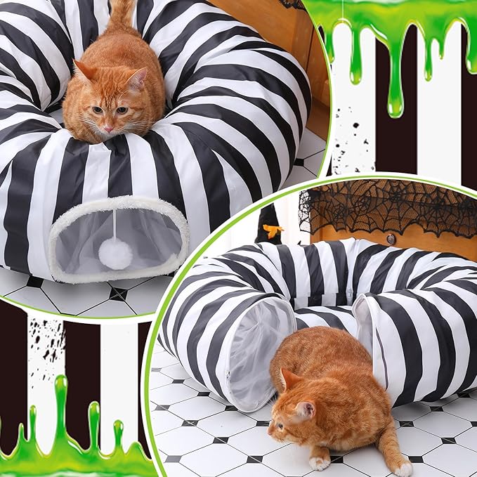 Frienda Cat Tunnel Bed Under Halloween Tree Sandworm Kitten Donut Tunnel with Cushion and Ball Toy Tree Skirt Detachable Black and White Stripes Cat Cave for Kitten, Puppy, Rabbit, Small Animals