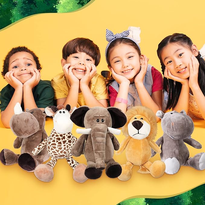 HyDren 10 Pcs Safari Stuffed Animals Plush Jungle Animal Toys for Girls Boys, Elephant Giraffe Lion Tiger Monkey Rhinoceros Zebra White Tiger Leopard Hippo for School Achievement Award