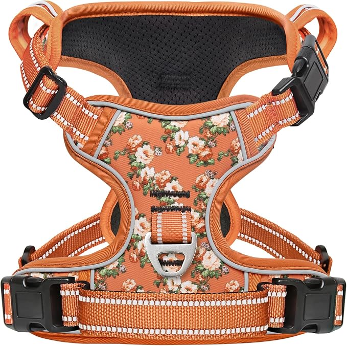 Timos Dog Harness, No Pull Dogs Harness 3 Snap Buckles Adjustable Reflective No Choke Pet Vest for Small Dog with Soft Padded Control Training Handle for Outdoor Training,Flower Orange, S