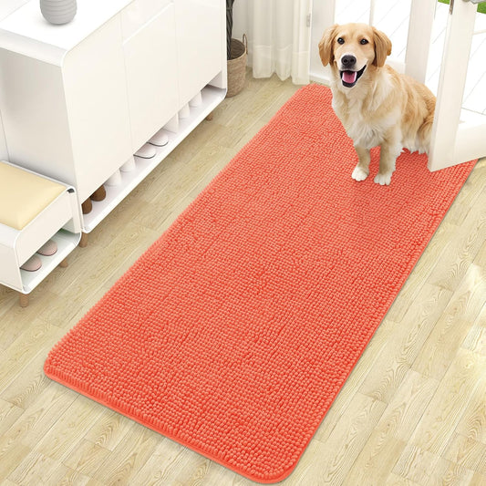 OLANLY Dog Door Mat for Muddy Paws 47x24, Absorbs Moisture and Dirt, Absorbent Non-Slip Washable Doormat, Quick Dry Chenille Mud Mat for Dogs, Entry Indoor Entryway Carpet for Inside Floor, Coral