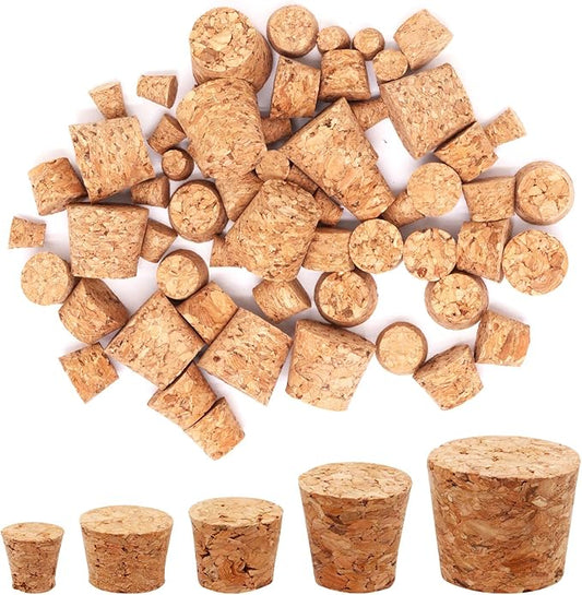 60Pcs Cork Stoppers, 5 Sizes Assortment Small Corks Tapered Cork Plugs Replacement Wooden Bottle Corks Bottle Stopper Wine Cork for Craft Jars Wine Bottles