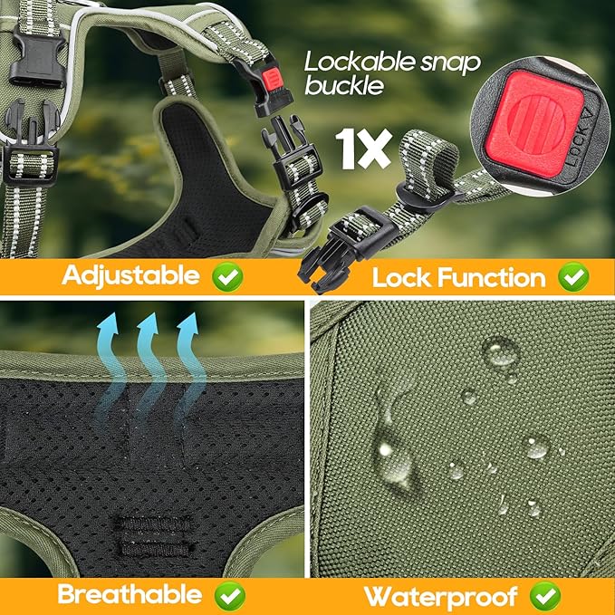 Timos Dog Harness Large Sized, No Pull Pet Harness with Neck Lockable Snap,No Choke Front Clip Dog Reflective Vest,Adjustable Metal Rings 3 Buckles,Easy Control Handle for Large Dogs Green L