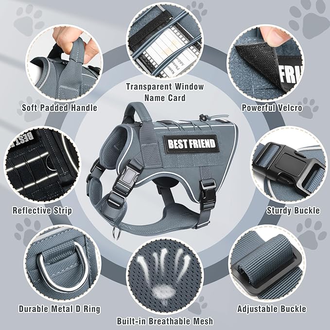 Tactical Dog Harness for Large Dogs,No Pull Military Dog Vest with Handle,Reflective Heavy Duty Pet Harness for K9 Working Walking Hiking Training Gray XL