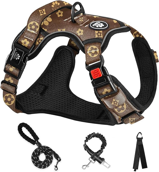 NESTROAD No Pull Dog Harness,Adjustable Oxford Dog Vest Harness with Leash,Reflective No-Choke Pet Harness with Easy Control Soft Handle for Large Dogs(X-Large,Dark Brown)