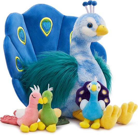 MorisMos Plush Peacock Stuffed Animal with 3 Baby Bird Plush Toys,18''Mommy Peacock Toys for Girl Boy Kid,Realistic Bird Stuffed Animals Gift for Birthday Decor Baby Shower Christmas,CE/CPC Certified