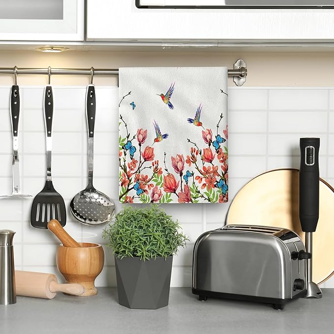 Flower Hummingbird Kitchen Towels Decorative Set of 2, Soft Absorbent Dish Towels Hand Towels for Kitchen Farmhouse Spring Summer Home Decorations Gifts for Hummingbird Lovers