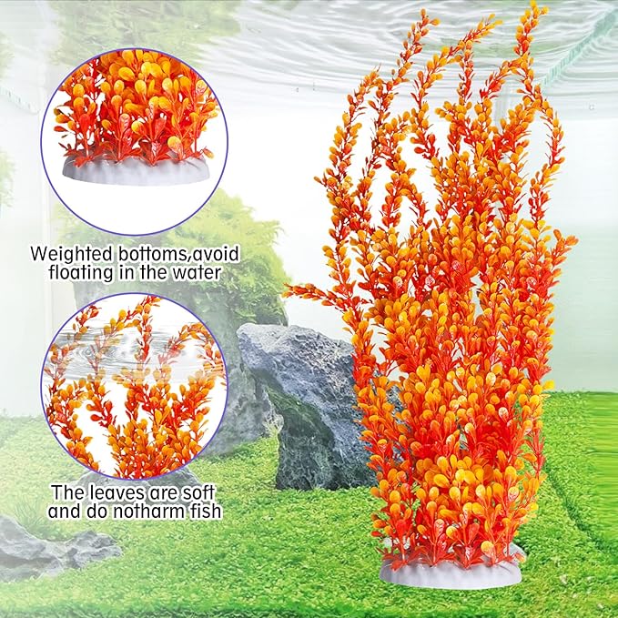 Hamiledyi Aquarium Plastic Plants Aquarium Decor Artificial Fish Tank Plants,Tall Fish Tank Decorations, Extra Large Aquarium Plant 23.6-inch Tall,2PCS（Orange Style B）