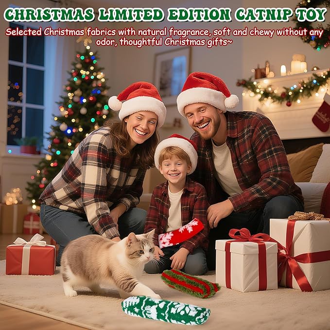 Civaner 6 Pcs 10.6 Inch Christmas Cat Catnip Toy Interactive Kitten Kicker Toy Soft Plush Cat Pillow Stick Kitten Chasing Exercising Chewing Catnip Indoor Xmas Gift (Red, Green, Red Green Stripes)
