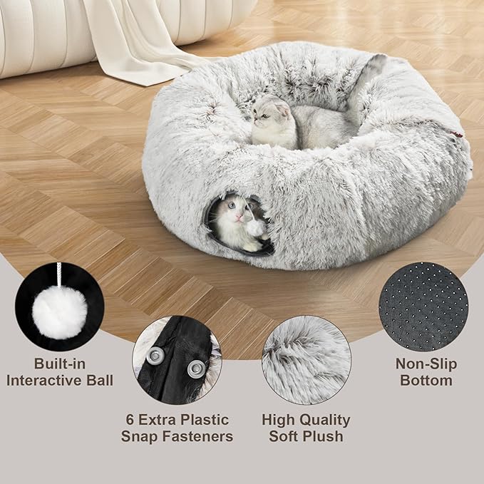 Cat Tunnel Bed, Cat Tunnels for Indoor Cats with 6 Extra Snap Fasteners, Donut Tunnel Tube with Cat Toys Balls for Bored Indoor Adult Cats, Peekaboo Cave Playground for Kitten Rabbit Ferret Hideaway