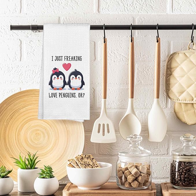 I Just Freaking Love Penguins Kitchen Towels Decorative Gifts for Penguin Lovers 16x24, Penguin Dish Towel Cloths Dishcloths Tea Towel, Penguin Bathroom Kitchen Hand Towel Decor