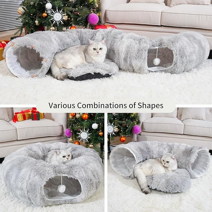 Cat Tunnels for Indoor Cats, Cat Tunnel Bed with Washable Cushion, Collapsible Cat Donut Tunnel for Medium & Large Cat, Peekaboo Cave Toy, Tie-dye Gray