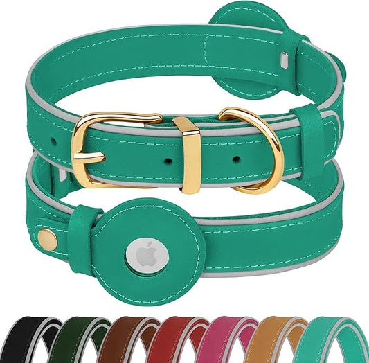OOPSDOGGY Reflective Geniune Leather Airtag Dog Collar Soft Padded Collars for Small Medium Large Breed Dogs Puppy, 4 Sizes, 7 Colors (Teal, Large, 15"-19")