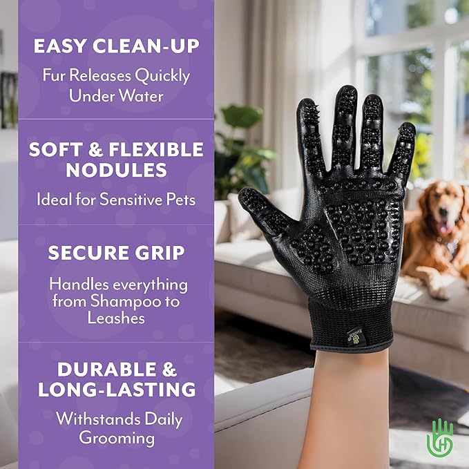 Handson Pet Grooming Gloves - Patented #1 Ranked, Award Winning Shedding, Bathing, Hair Remover Gloves - Gentle Brush for Cats, Dogs, and Horses (Purple, Large)