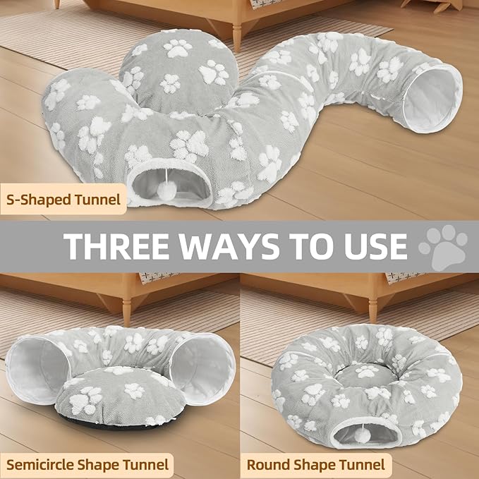 Homimp Cat Tunnel Bed with Central Mat,Large Tube Playground with Plush Ball Toy,Peekaboo Cat Cave with Washable Circle Cushion for Indoor Cats,Pop Up Bed HidePlace for Kitten Puppy Rabbit, Grey Paw