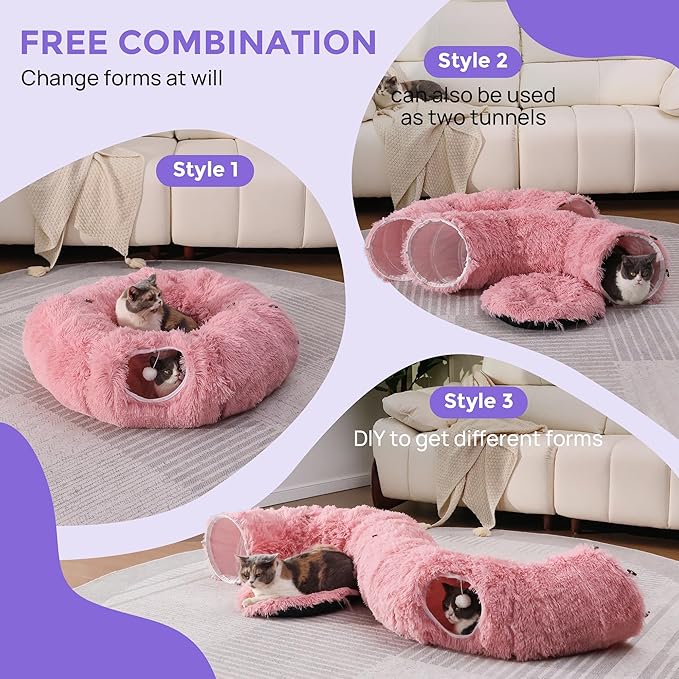 Plush Cat Tunnel Bed for Indoor Cats with Soft Cushion, Multi-Shape Play Cave with Hanging Balls, Large and Foldable Cat Donut Tunnel for Small and Large Pets (Pink)
