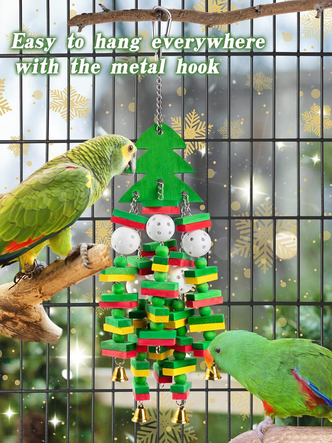 Christmas Large Bird Toy - Natural Wooden Parrots Toy with Colorful Edible Blocks for Macaws African Grey Amazon Parrots Cockatoos, Bird Chewing Toy for Gifts Playing(Green)