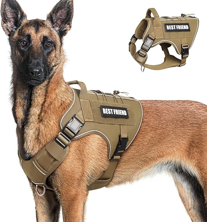 Tactical Dog Harness for Large Dogs,No Pull Military Dog Vest with Handle,Reflective Heavy Duty Pet Harness for Walking Hiking Training Brown L