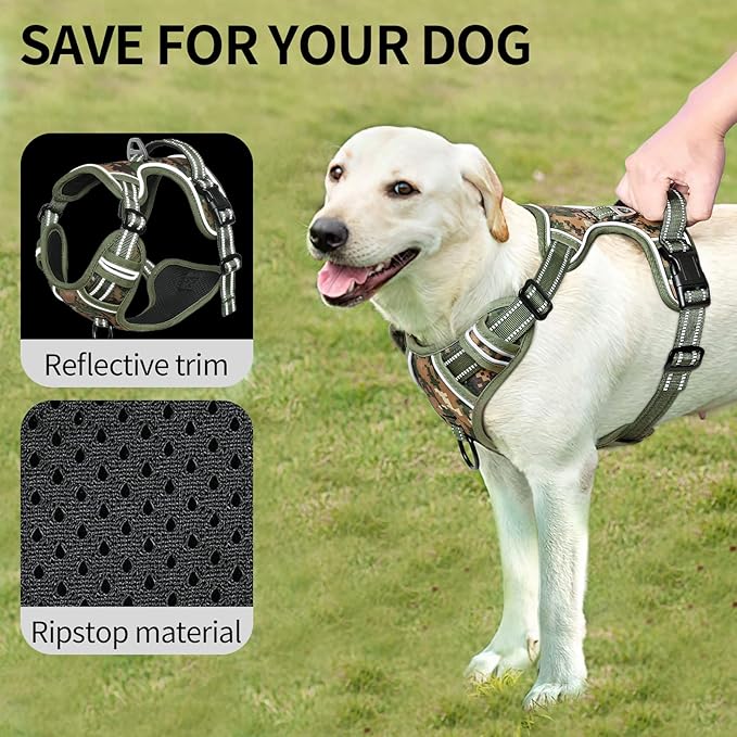 HEELE Dog Harness, No Pull Adjustable Padded Reflective Harness for Small Medium Large Dogs with Handle for Walking Training, Camo Green, XL