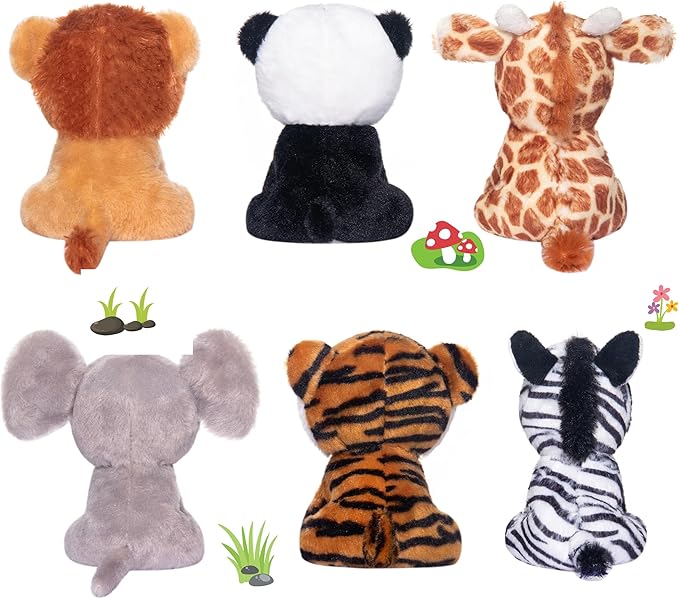 My OLi 5" Plush Toys Small Stuffed Animals Bundle of Cute Giraffe, Lion, Tiger, Panda, Elephant, Zebra Plush Animals Pack of 6 for Kids