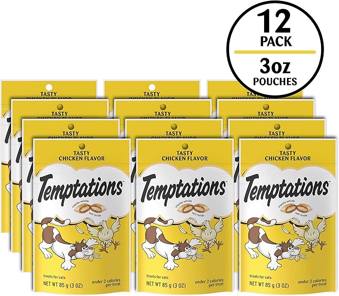 Temptations Classic Crunchy and Soft Cat Treats, Tasty Chicken Flavor, 3 oz. Pouch (Pack of 12)
