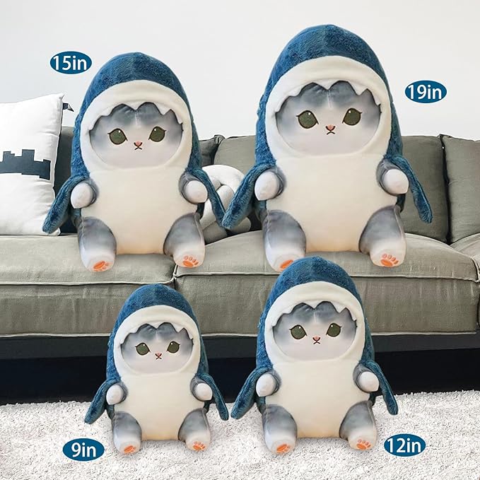 Kawaii Shark Cat Plush Toy Stuffed Animal Doll, Cute Soft Pillow Stress Release Hugs Toys Christmas Halloween Birthday Gifts for Kids Boys Girl Best Gift (Blue - Grey,12 inch)