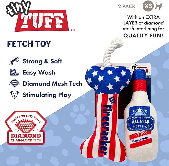 Huxley & Kent Tiny Tuff | Red, White, & Booze | Extra Tough Dog Toy for Small Dogs | 2-Pack Funny Dog Toy | Features Squeaker, Crinkle | Machine Washable
