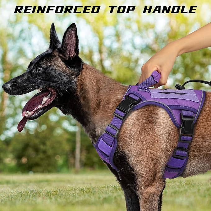 WINGOIN Purple Tactical Dog Harness for Small Dogs, Heavy Duty No Pull Harness with Handle, Adjustable Reflective Military K9 Pet Vest for French Bulldog, Pug, Walking, Training, Hunting (S)