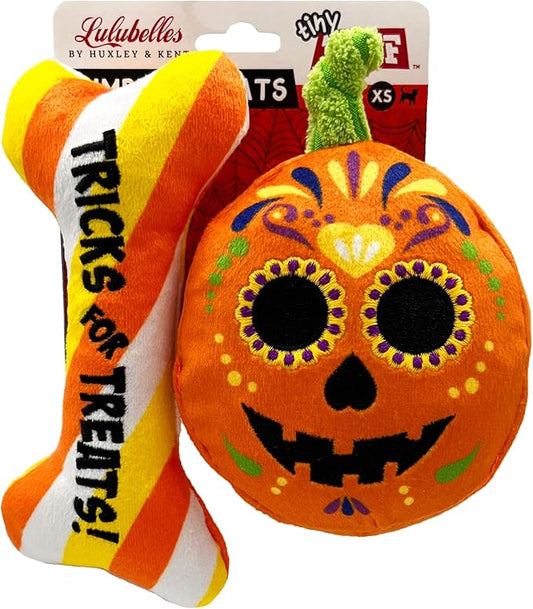 Huxley & Kent Halloween Funny Dog Toy w/Squeaker – Power Plush Squeaky Dog Toys for Small Dogs – Durable Small Stuffed Animal for Indoor Play & Fetch - Tiny Tuff Pumpkin Treats 2pk