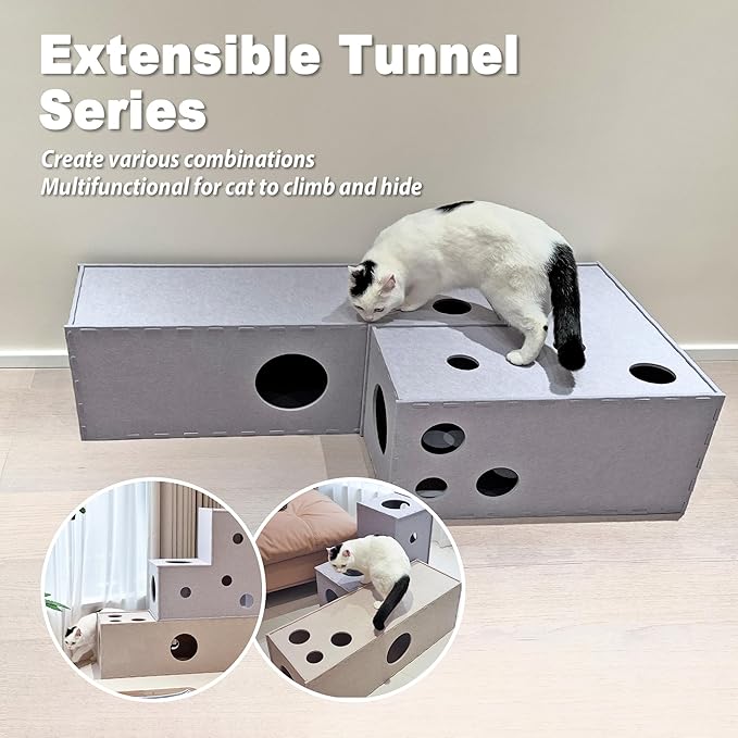 Meeyoview Cat Tunnel, Felt Tunnels for Indoor Cats, Peekaboo Hideaway Cave, L-Shape Kitty Tunnel Bed, Interactive Cat Cube Toys for Small Medium Large Cats
