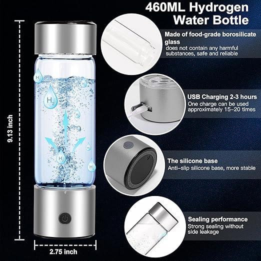 Hydrogen Water Bottle, Portable Rechargeable Hydrogen Water Bottle Generator, 3 Min Quick Electrolysis Hydrogen Rich Water Bottle 460ml for Travel Office Exercise Daily Drinking (Silver)