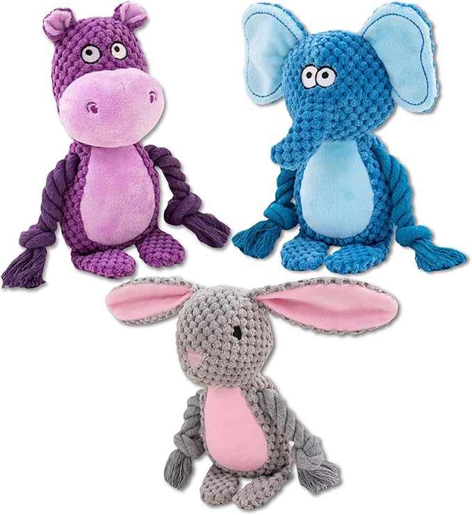 Plush Dog Toys, 3-Pack Variety Set with Squeaker, Crinkle Paper, Rope, Non-Toxic, Soft & Durable, Teething Puppy Toys- Farm Friends or Jungle Pals, 9.45 x 3.94 inches (Jungle Pals)